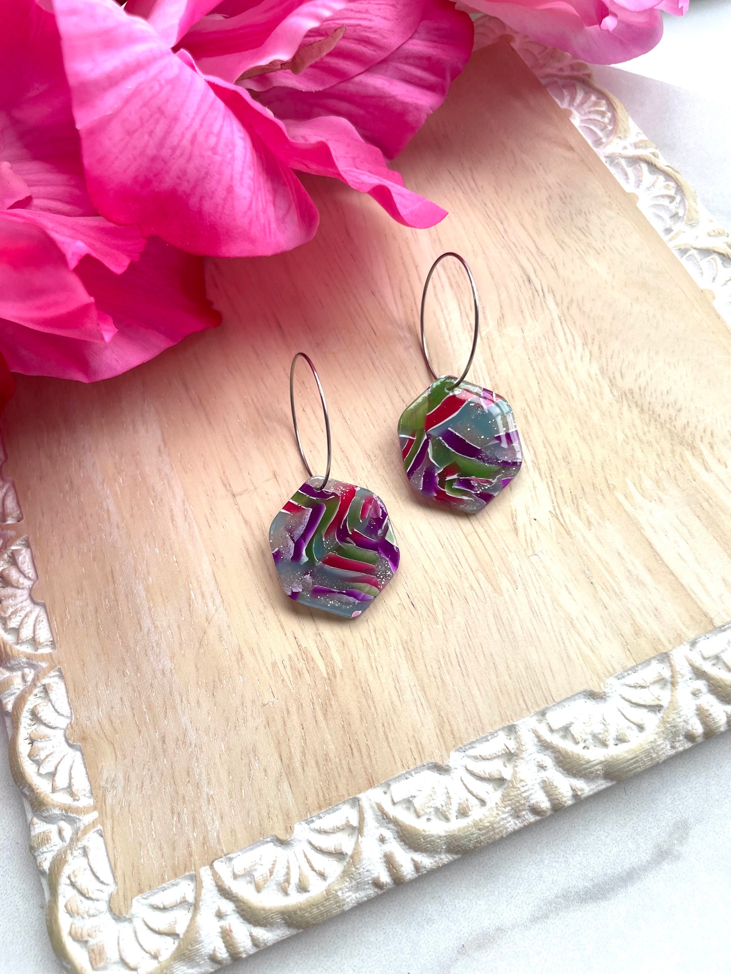 Rainbow/Silver Marble | Hexagon Hoops