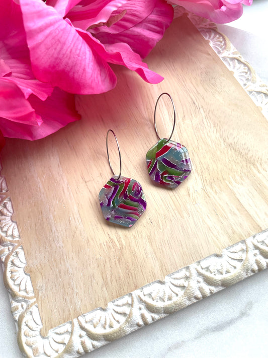 Rainbow/Silver Marble | Hexagon Hoops