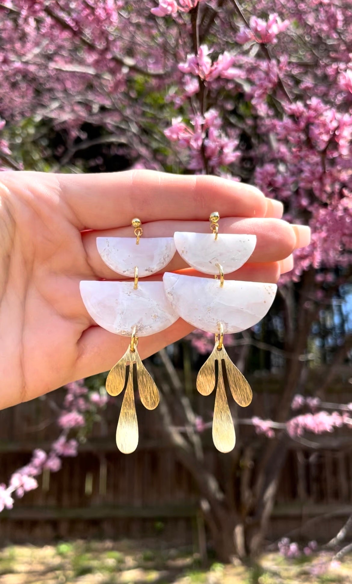 White & Gold Marble Clay Earrings | Semi-Circles with Leaf Charm
