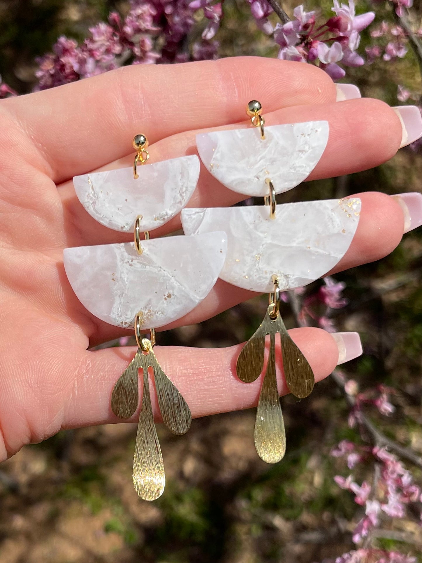 White & Gold Marble Clay Earrings | Semi-Circles with Leaf Charm