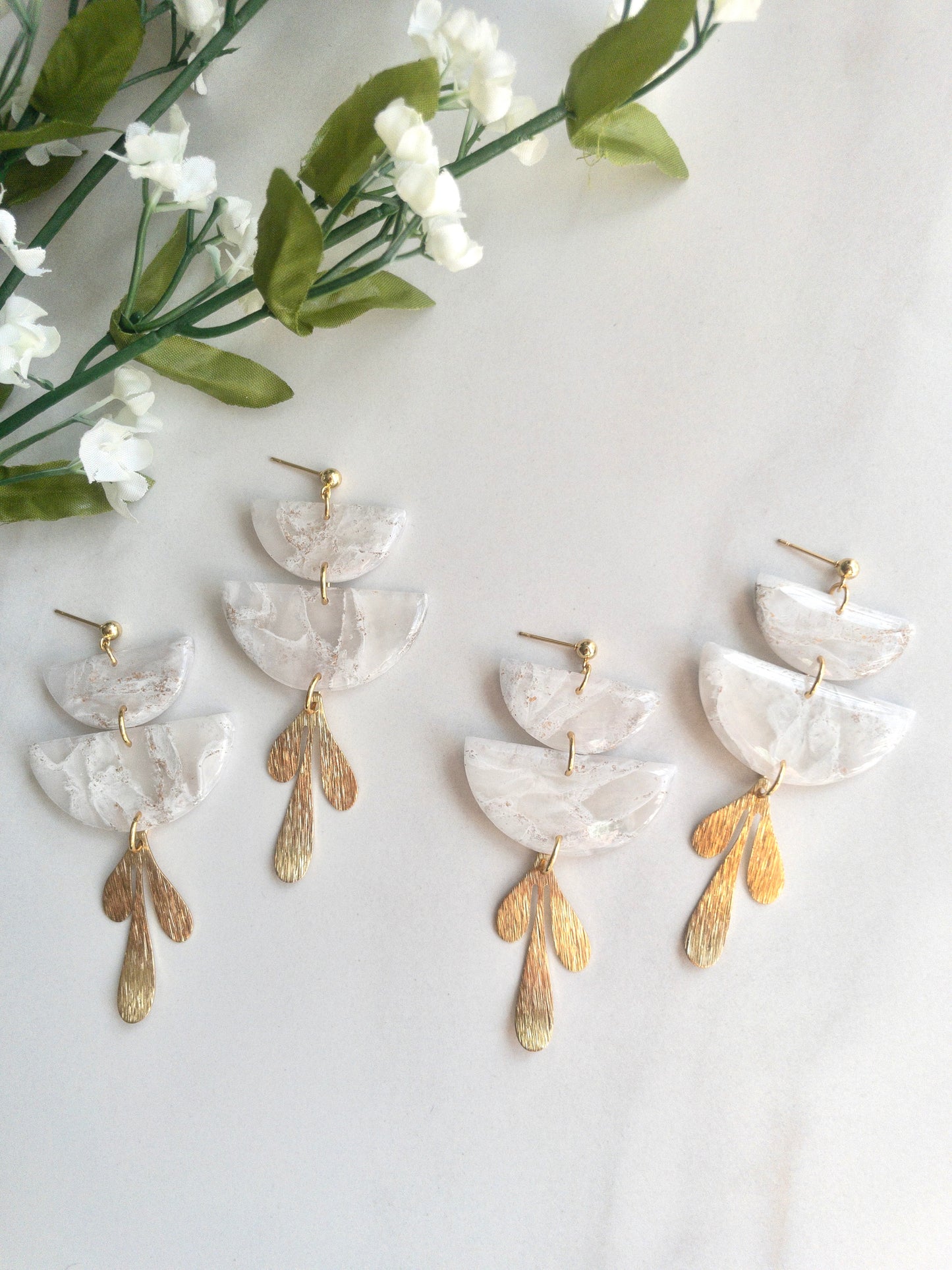 White & Gold Marble Clay Earrings | Semi-Circles with Leaf Charm
