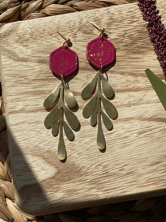 Gold Speckled Raspberry | Hexagon with Large Leaf Charm